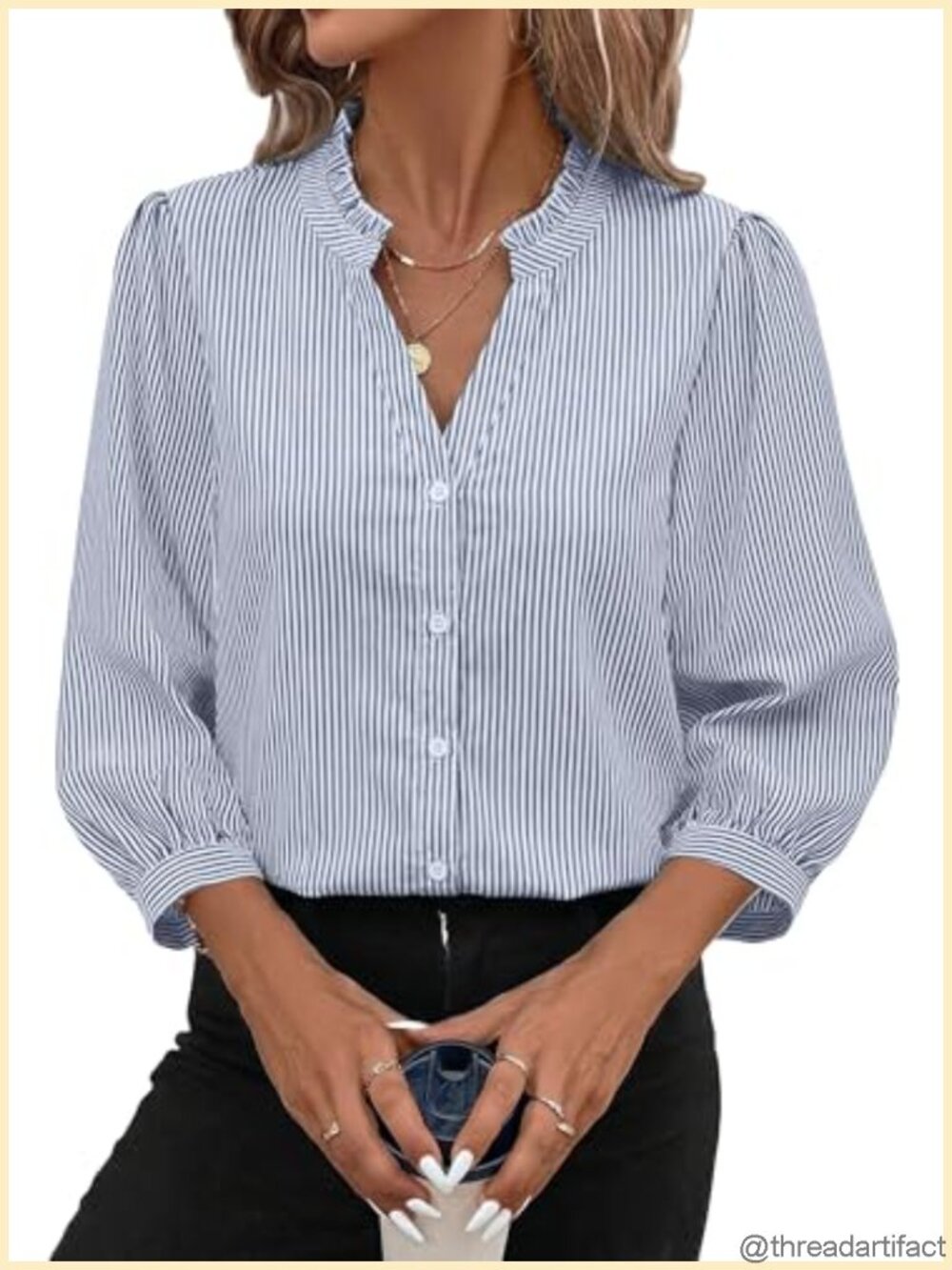 Womens Button Down Shirt 3/4 Puff Sleeve Ruffle V Neck Striped Blouse